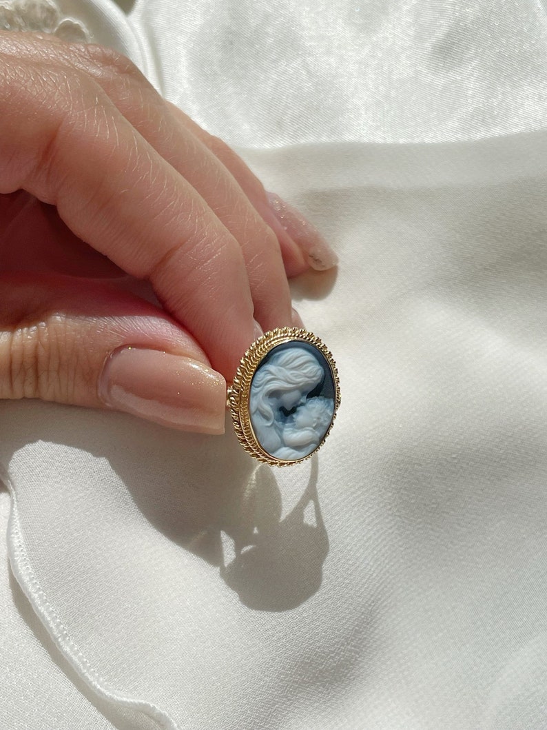 Blue cameo adjustable ring, golden silver sterling 925, mother and child, gift for her, made in Italy, Mother of the bride, gold cameo ring image 1