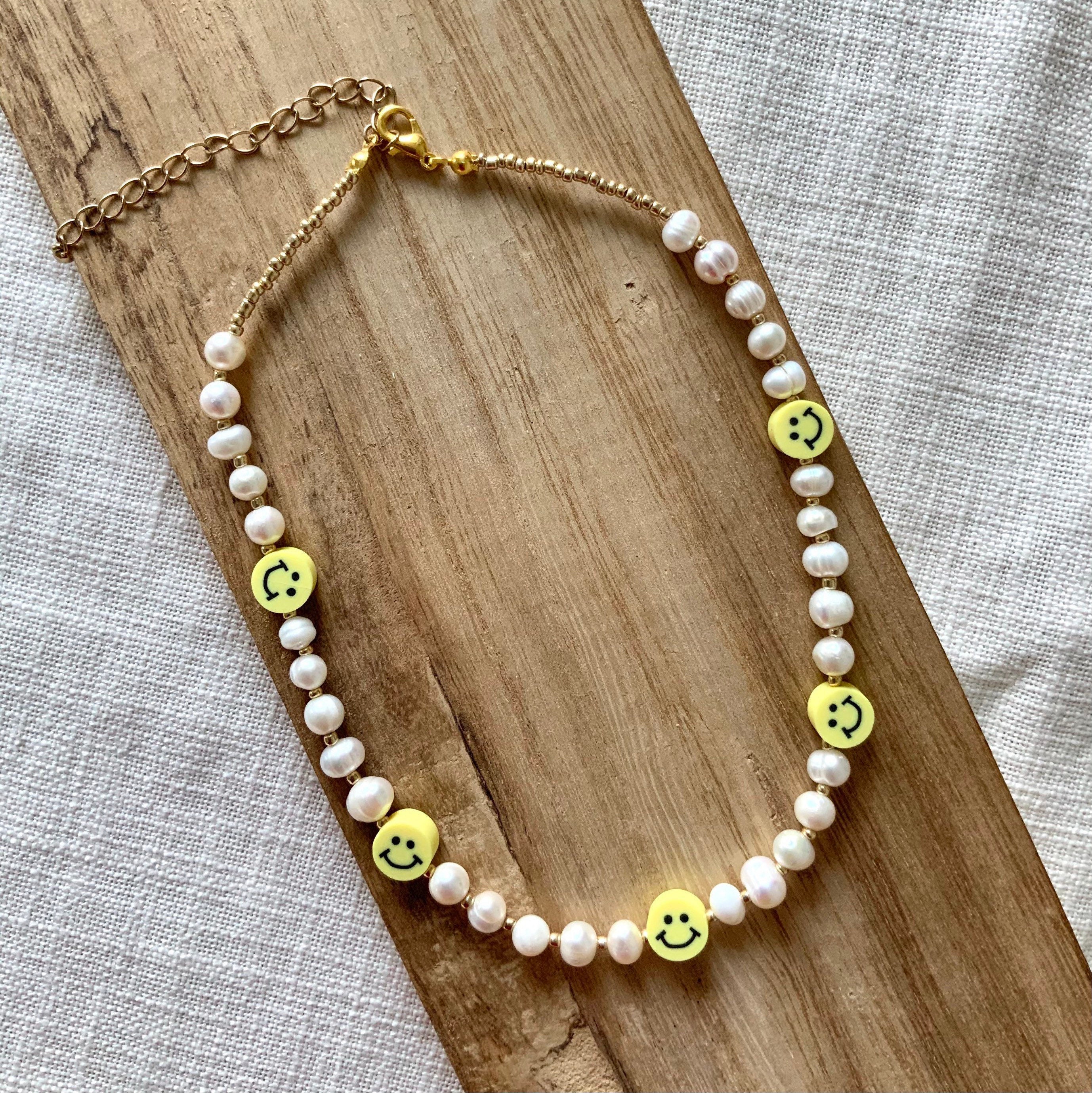 Men's Diamond Smiley Face Real Pearl Necklace (Gold) | CRAFTD London