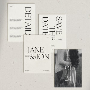 May include: A set of four minimalist wedding stationery cards with black text on a white background. The cards include a save the date card, a details card, a card with the names "Jane & Jon", and a photo card with a black and white photo of a couple.