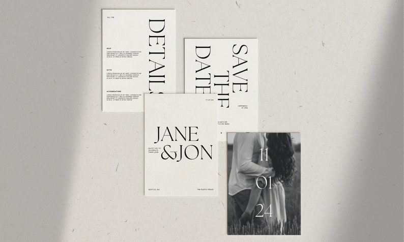 May include: A set of four minimalist wedding stationery cards with black text on a white background. The cards include a save the date card, a details card, a card with the names "Jane & Jon", and a photo card with a black and white photo of a couple.