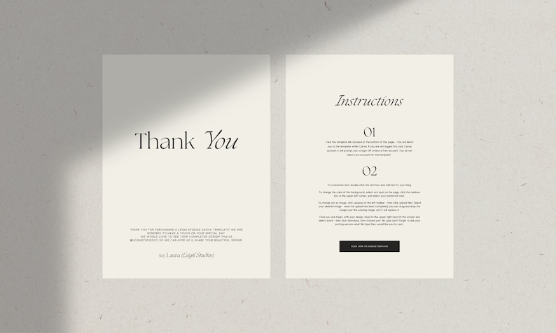 May include: Two white pages with black text. The first page says "Thank You" and includes a short message. The second page says "Instructions" and includes two numbered steps for using a template. The button at the bottom of the page says "Click Here to Access Template".