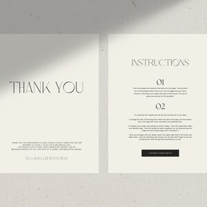 May include: A printable thank you card with instructions on how to use the template. The card has a minimalist design with black text on a white background. The text says "Thank You" and "Instructions".