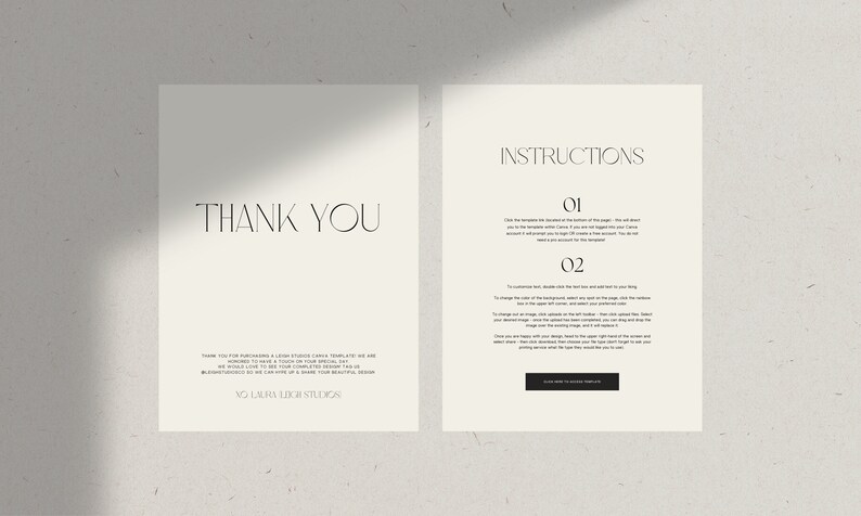 May include: A printable thank you card with instructions on how to use the template. The card has a minimalist design with black text on a white background. The text says "Thank You" and "Instructions".