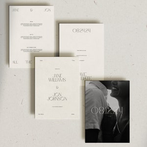 May include: Wedding invitation suite with a black and white photo of a couple kissing. The invitation includes the names "Jane Williams & Jon Johnson" and the date "08.12.24".