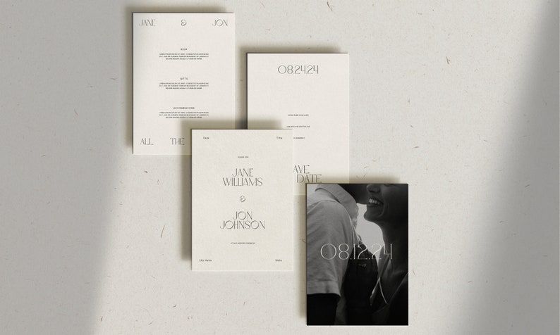 May include: Wedding invitation suite with a black and white photo of a couple kissing. The invitation includes the names "Jane Williams & Jon Johnson" and the date "08.12.24".