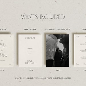 May include: A set of four wedding invitation cards with a minimalist design. The cards are white with black text and include an invitation, save the date card, save the date card with a photo of a couple, and a details card. The text on the cards includes the names "Jane Williams" and "Jon Johnson", the date "08.12.24", and the phrase "Save the Date".