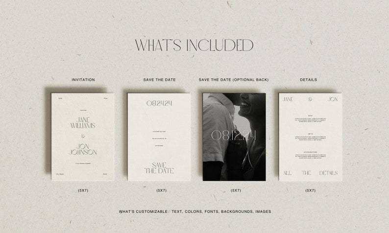 May include: A set of four wedding invitation cards with a minimalist design. The cards are white with black text and include an invitation, save the date card, save the date card with a photo of a couple, and a details card. The text on the cards includes the names "Jane Williams" and "Jon Johnson", the date "08.12.24", and the phrase "Save the Date".