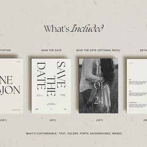 May include: A set of four wedding invitation cards with a minimalist design. The cards are white with black text and include an invitation, save the date, save the date back, and details cards. The text on the cards includes "Jane & Jon", "Save the Date", "11.01.24", and "Details".