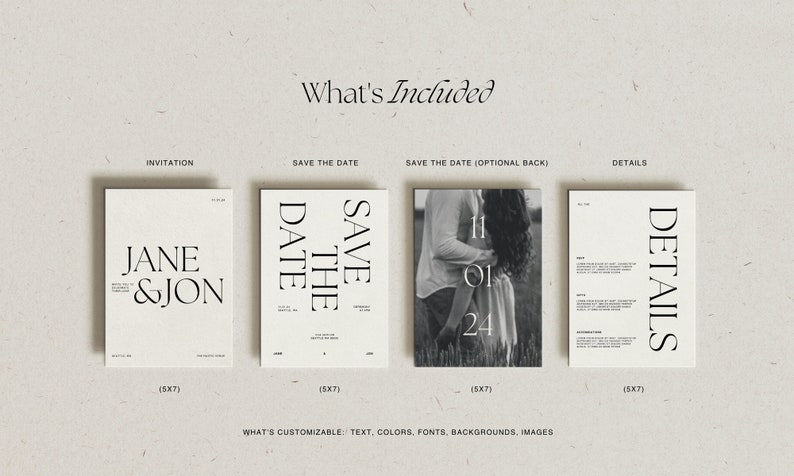 May include: A set of four wedding invitation cards with a minimalist design. The cards are white with black text and include an invitation, save the date, save the date back, and details cards. The text on the cards includes "Jane & Jon", "Save the Date", "11.01.24", and "Details".