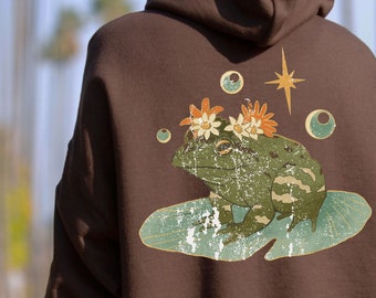 Cottagecore Frog Hoodie, Mystic Frog Shirt, Goblincore Clothes, Frog Toad Sweater, Fairycore Sweatshirt, Y2K Aesthetic Clothes, Brown Hoodie