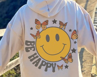 Leende ansikte Hoodie Ord på ryggen Estetisk fjäril Positivt citat Retro tröja Be Happy Hoodie Mental Health Awareness Sweatshirt VSCO