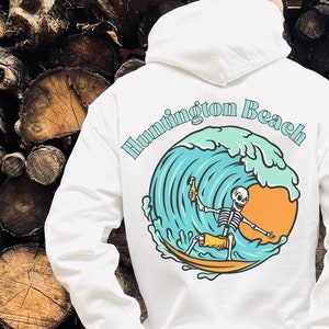 Huntington Beach Hoodie Surf Sweatshirt Skeleton Surfer Preppy Hoodies Y2k Hoodie Beach Sweater Preppy Aesthetic VSCO Clothes Graphic Sweats