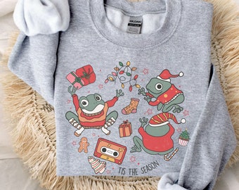 Christmas Frog Sweatshirt Retro Frog Shirt Tis The Season Crewneck Christmas Tree Cake Sweater Preppy Clothes Cute Christmas Vintage Sweats