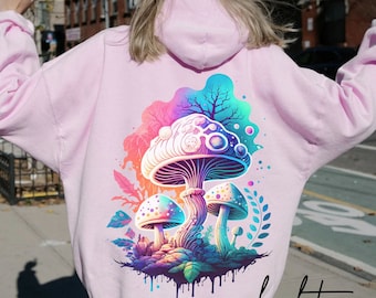 Mushroom Hoodie Magic Mushrooms Trippy Mushroom Psilocybine Sweater Back Print Hoodie Aesthetic Mushrooms Y2K Clothing Trendy Hoodie