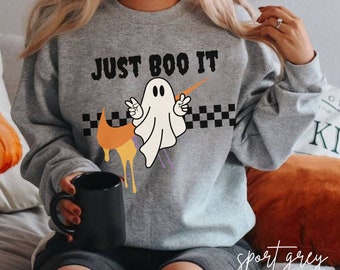 Just Boo It Halloween Sweatshirt Retro Halloween Shirt Ghost Sweatshirt Spooky Season Halloween Crewneck Preppy Clothes Fall Sweater Boo Tee