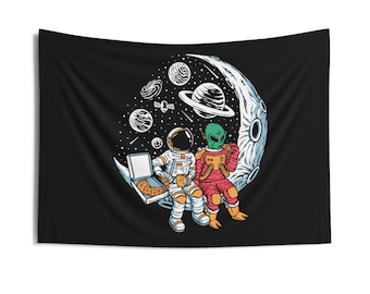 Alien and Astronaut Tapestry, Pizza in Space, Moon and Planets Tapestries, Large Tapestry, College Dorm Room, Funny Meme Tapestries, Vibes