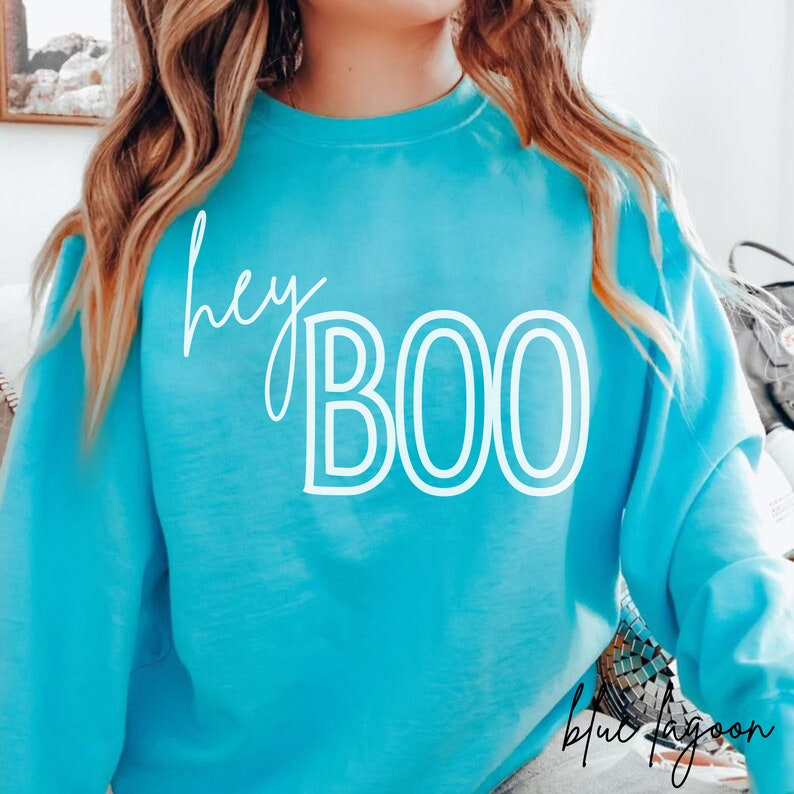 May include: A turquoise blue sweatshirt with the text "hey BOO" in white outlined letters.