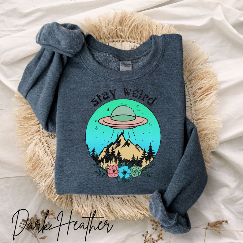 May include: Dark heather grey sweatshirt with a graphic of a UFO flying over a mountain range with a forest in the foreground. The graphic is surrounded by a circle with the text "Stay Weird" above the graphic.
