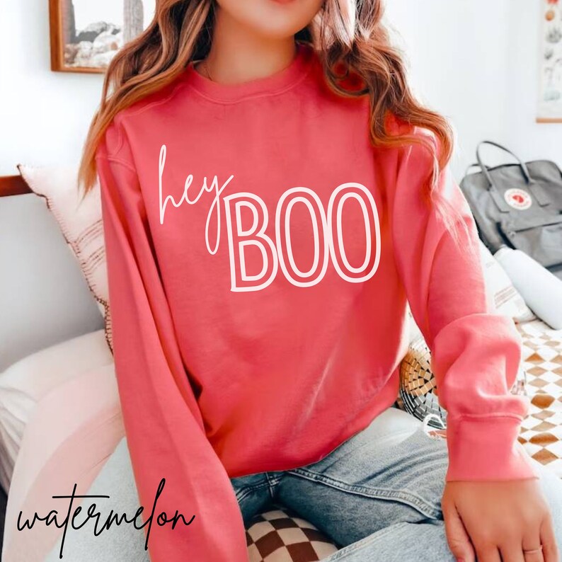 May include: A pink sweatshirt with the text "hey BOO" in white outlined letters.