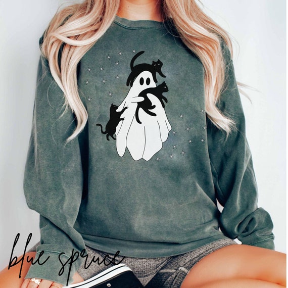 Halloween Cat Sweatshirt Ghost Sweater Comfort Colors Halloween