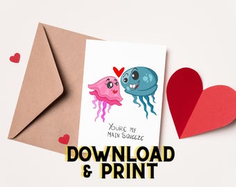 Carte de Saint-Valentin méduse dessinée à la main, mot d'amour (téléchargement numérique)