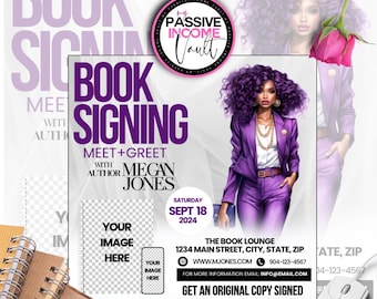 Book Signing Flyer - Canva Social Media Flyer, Self Publishing Author, Event Invite, Author Flyer, Meet and Greet Invitation, purple