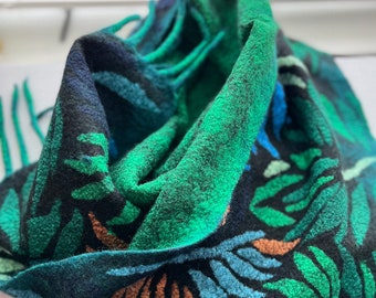 Handmade Nuno Felt Scarf: Tropic Forest Appliqué, Wearable Art