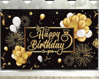 Happy Birthday Party Decorations 70.8 x 43.3 Inch Extra Large Fabric Black and Gold Happy Birthday to You Sign Backdrop Banner Photo Booth Background for Indoor Outdoor Birthday Party Favor