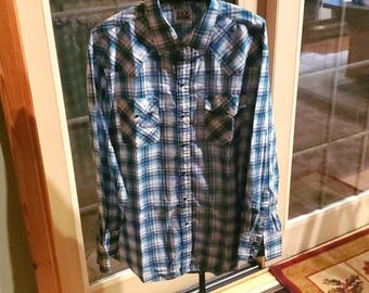 Ely Cattleman Vintage Black Snap Multicolor Plaid Sz L Long sleeve Western Shirt