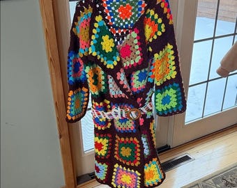 Upcycled Handmade Colorful Crochet Patchwork Cardigan w Matching Dog Coat