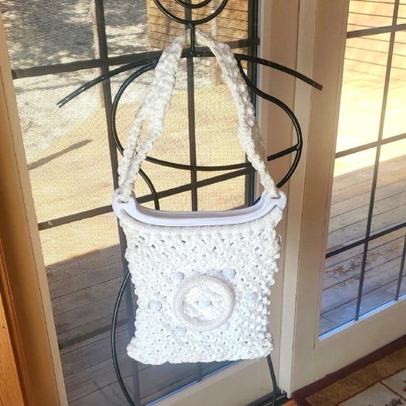Vintage Handmade Elegant White Macrame Crocheted Shoulder Bag