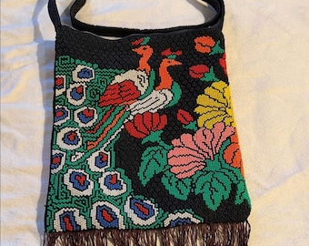 Vintage Lined Zippered Colorful Beaded Shoulder Bag with Fringe