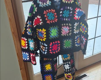 Upcycled Handmade Colorful Crochet 3 piece Sweater, Top and Pants/Jeans Set