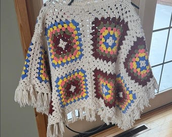 Upcycled Handmade Colorful Crochet Poncho with Fringe Sz OS
