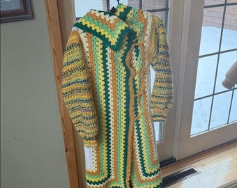Upcycled Handmade Unique Colorful Crochet Floral Back Sz M Long Cardigan