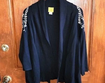 Ruby Rd. Vintage Embellished Rayon Black Long Sleeve Collared Sz S Cardigan