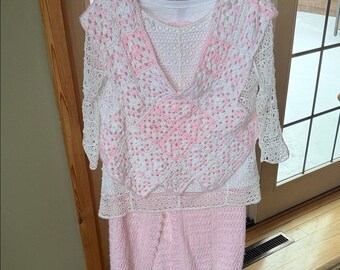 Upcycled Handmade Pink and White Crochet 3pc Skirt, Top and Vest