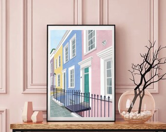 Londense kunstprint, kunst aan de muur Londen, aangepaste reisprint, Notting Hill-kunstprint, Londense kunstwerken, Londense reisposter, Londen Engeland