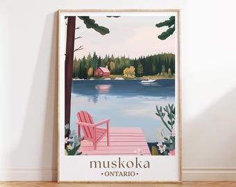 Muskoka Ontario Travel Poster, Lakeside Cabin Art, Cottage Country Print, Canadian Nature Decor, Summer Getaway Gift