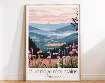 Blue Ridge Mountains Virginia Travel Poster, Scenic Landscape Print, Rustic Nature Wall Art, Appalachian Decor