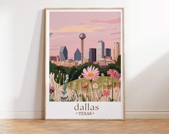 Dallas Texas Travel Poster, Texas Wall Art, Dallas Skyline Print, Southern Home Decor, Cityscape Illustration, Housewarming Gift