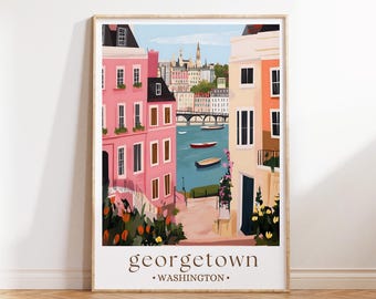 以下が含まれることがあります： ワシントンD.C.のジョージタウンのカラフルなイラストが描かれた、額入りのアートプリント。ピンク、ピーチ、クリーム色の建物が描かれ、手前に川とボートがあります。プリントには「georgetown • WASHINGTON」の文字が含まれています。