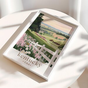 Kentucky Travel Poster, Bluegrass State Pink Green Retro Print Landscape Painting Horses Scenery Custom Travel Print Kentucky Derby Wall Art image 3