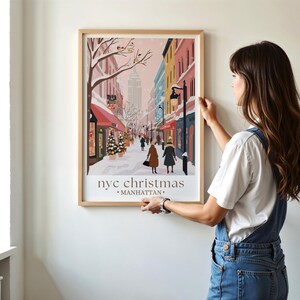 NYC Christmas Travel Print, Manhattan Holiday Poster, Rockefeller Center Wall Art, New York Winter Scene, Festive Home Decor image 3
