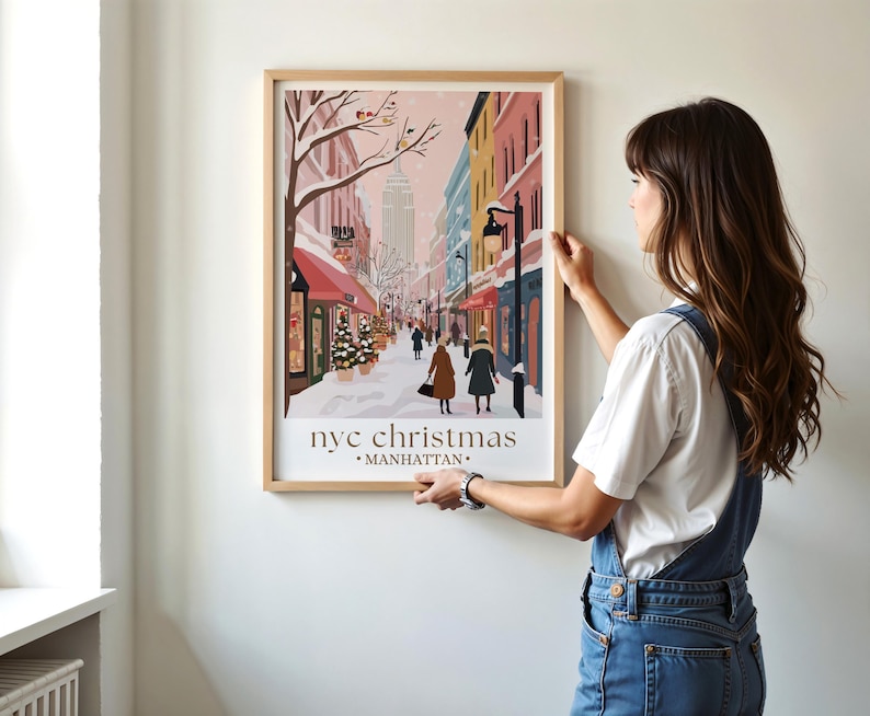 NYC Christmas Travel Print, Manhattan Holiday Poster, Rockefeller Center Wall Art, New York Winter Scene, Festive Home Decor image 3