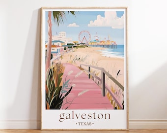 May include: A framed art print featuring a coastal scene of Galveston, Texas. The artwork depicts a pink boardwalk leading to a beach with a pier and Ferris wheel. The sky is blue with fluffy clouds, and the text "galveston . TEXAS" is at the bottom.