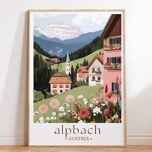 Alpbach Austria Art Print, Alpine Village Landscape Poster, Mountain Travel Illustration, European Scenic Wall Decor