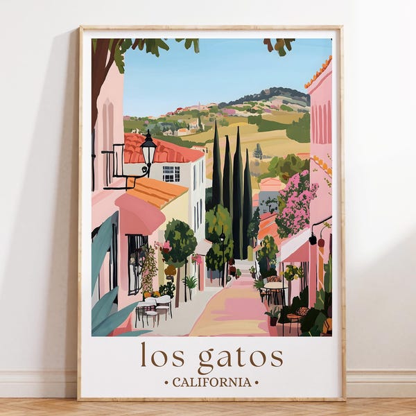 Los Gatos California Art Print, West Coast Travel Poster, Charming Downtown Wall Decor, Scenic Town Illustration, California Vibes