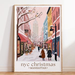 NYC Christmas Travel Print, Manhattan Holiday Poster, Rockefeller Center Wall Art, New York Winter Scene, Festive Home Decor image 1