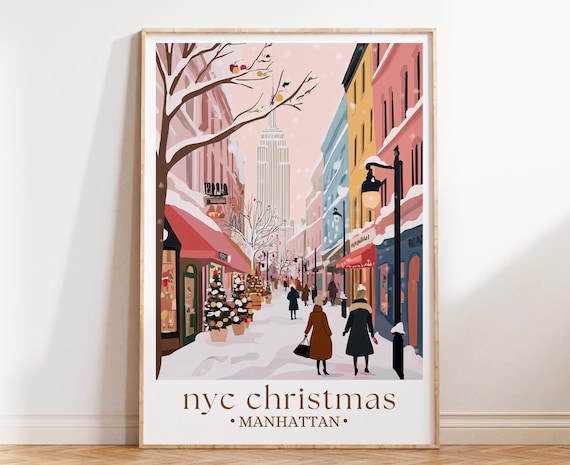 NYC Christmas Travel Print, Manhattan Holiday Poster, Rockefeller Center Wall Art, New York Winter Scene, Festive Home Decor